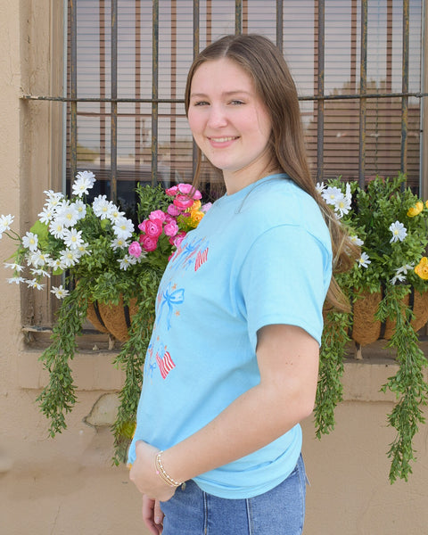 Flag & Bows Graphic Tee - Sky Blue - Reg/Curvy