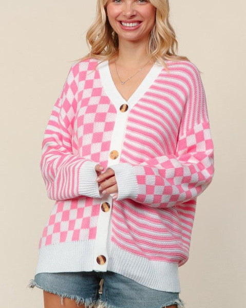 PRICILLA CHECKERED & STRIPED CARDIGAN - PINK