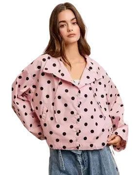 Polka Dot Hooded Windbreaker Jacket - Reg/Curvy - Dusty Pink - Salty Lime Boutique