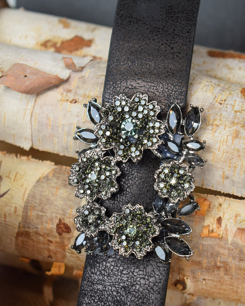 SILVER ANTIQUED FLORAL BUCKLE WITH BLACK STONES LEATHER CUFF BRACELET - 2 COLORS