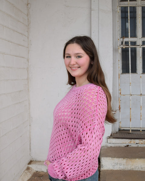 MINERAL WASHED OPEN KNIT LONG SLEEVE SWEATER  - PINK - Salty Lime Boutique