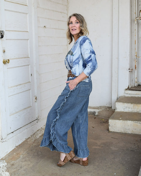 FRAYA RUFFLE HEM DENIM PANT - DENIM