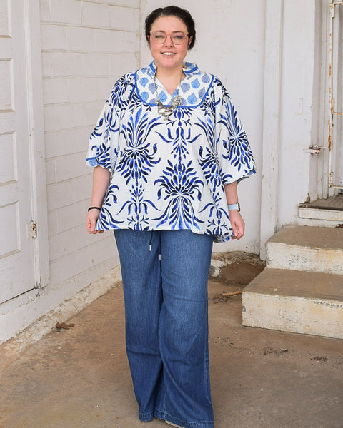 BLUE MIX PRINTED BLOUSE - CURVY 5742 - Salty Lime Boutique