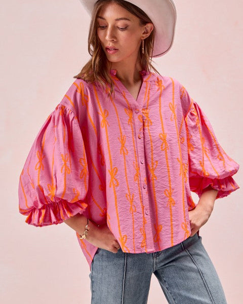 BOW RIBBON PRINTED WOVEN BUBBLE SLEEVES TOP WIHT BUTTON DOWN - REG/CURVY - Salty Lime Boutique