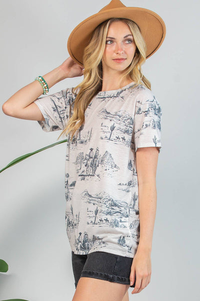 ELSA WESTERN LIFESTYLE PRINT T-SHIRT - GREY - REG/CURVY