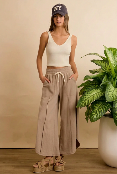 French Terry Out Seam Detail Tulip Hem Pants- Taupe - Reg/Curvy - Salty Lime Boutique