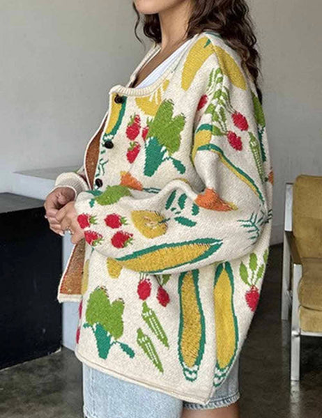 VEGGIE GARDEN JACQUARD BUTTONED CARDIGAN - CREAM - REG/CURVY