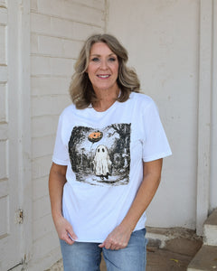 RESTOCKED GHOST WITH BALLOON GRAPHIC TEE- WHITE