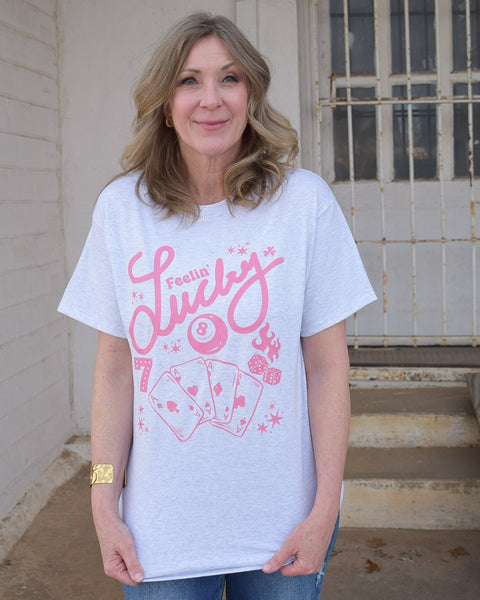 FEELIN LUCKY GRAPHIC TEE- HEATHERED GREY - CURVY - Salty Lime Boutique