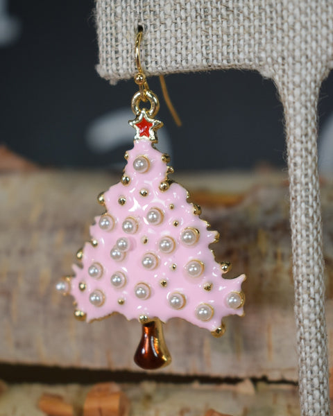 CHRISTMAS TREE WITH PEARLS EARRINGS  - PINK