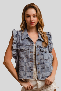 VINTAGE WASHED GINGHAM DENIM VEST