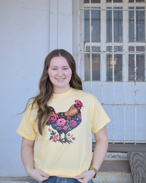 FLORAL CHICKEN GRAPHIC TEE- RED - CURVY - Salty Lime Boutique