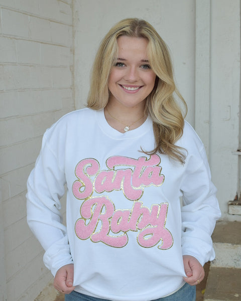 SANTA BABY PINK SEQUINS PATCH SWEATSHIRT - WHITE
