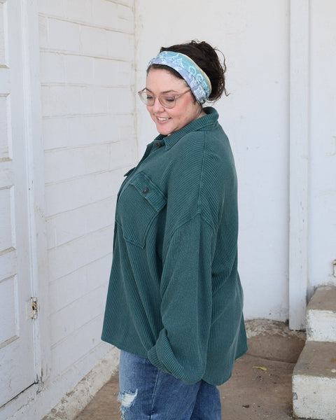 THE NEXT CHAPTER OVERSIZED MINERAL WASHED BUTTON UP SHACKET- DARK GREEN