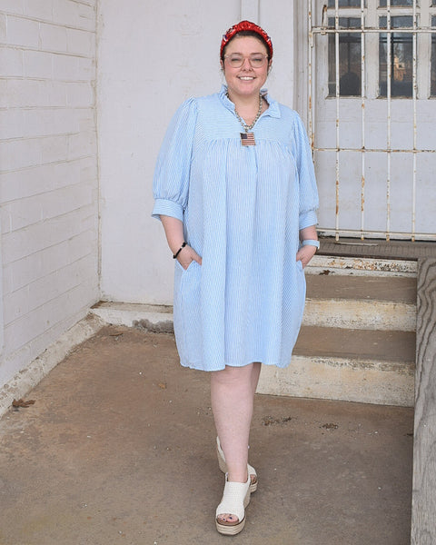 SPRING IS IN THE AIR  FRILLED NOTCH NECK YOKE BUBBLE SHORT SLEEVE SHIFT DRESS- REG/CURVY - Salty Lime Boutique