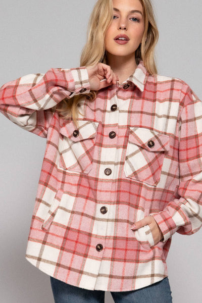 LONG SLEEVE WOOL BLEND PLAID JACKET - PINK - CURVY