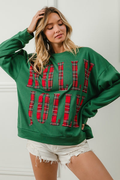 PLAID HOLLY JOLLY CHRISTMAS SWEATSHIRT - DK. GREEN