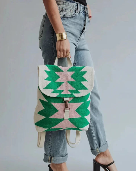 Green & Pink Woven Aztec Backpack