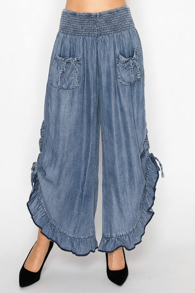 CHAMBRAY SMOCKED ELASTIC WAISTED BLOOMER PANTS WITH POCKETS - CHAMBRAY - Salty Lime Boutique