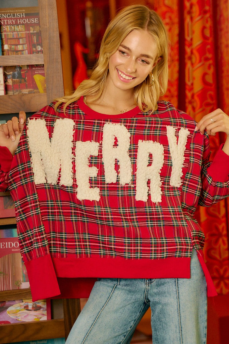 MERRY CHRISTMAS PLAID SWEATSHIRT - RED