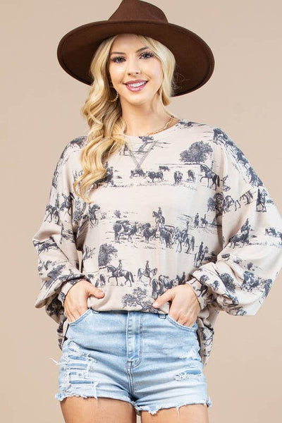 HAILEY WESTERN PRINT SWEATSHIRT - KHAKI/CHARCOAL