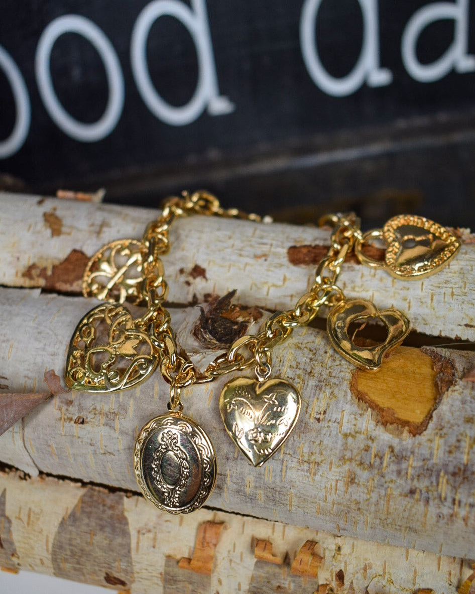 MULTI INTRICATE HEART CHARMS CHAIN BRACELET