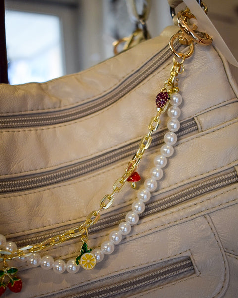 PEARL & FRUIT CHARMS CHUNKY PURSE CHAIN/PHONE WRISTLET