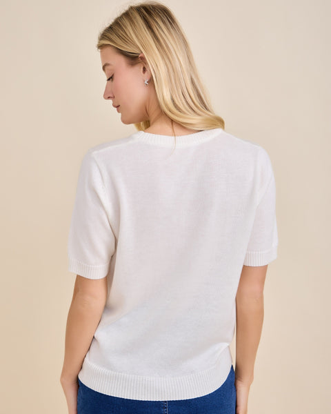 USA FLAG SHORT SLEEVE KNIT TOP- WHITE - Salty Lime Boutique