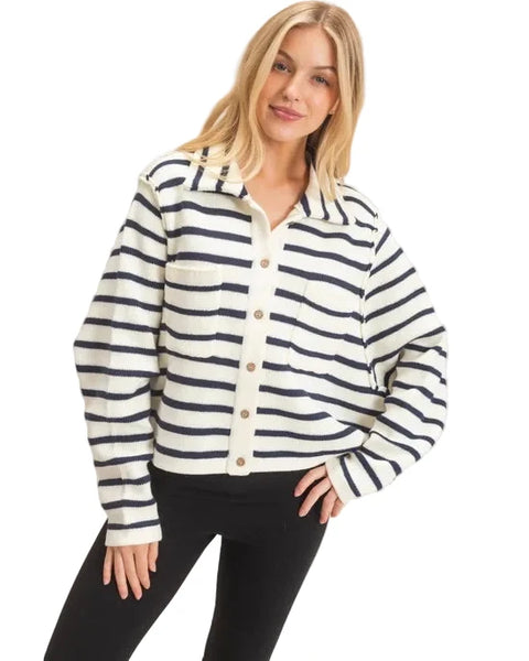 Coastal Charm Striped Button-Front Cardigan - Cream/Navy