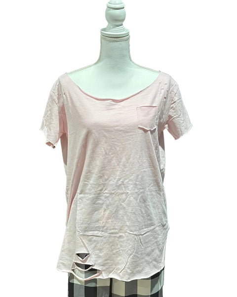 DISTRESSED COTTON TEE - PINK - BY A RARE BIRD - Salty Lime Boutique
