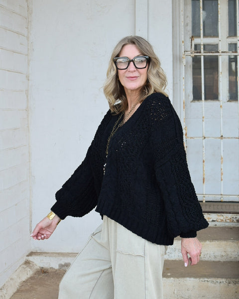 BALLOON SLEEVE KNIT SWEATER BY POL- BLACK