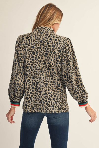 ZIP UP TEXTURED TOP- LEOPARD TAUPE