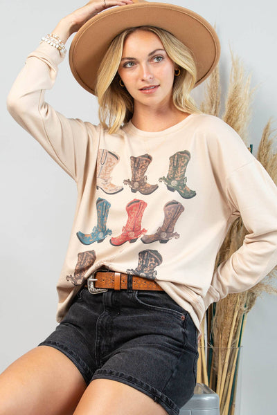 KACY WESTERN BOOTS GRAPHIC SWEATSHIRT - KHAKI