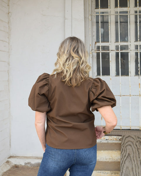 THIS IS ME V-NECK PUFF SLEEVE BLOUSE -  BROWN