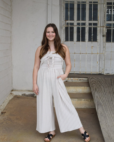 STRAPLESS TIE-FRONT STRIPE JUMPSUIT - Salty Lime Boutique