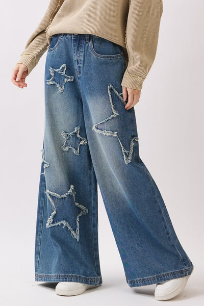 STAR PATCHWORK WIDE LEG DENIM PANT - DENIM