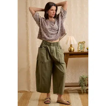 Washed Cotton Oversized Pockets Wide Cargo Pants - Olive - Salty Lime Boutique