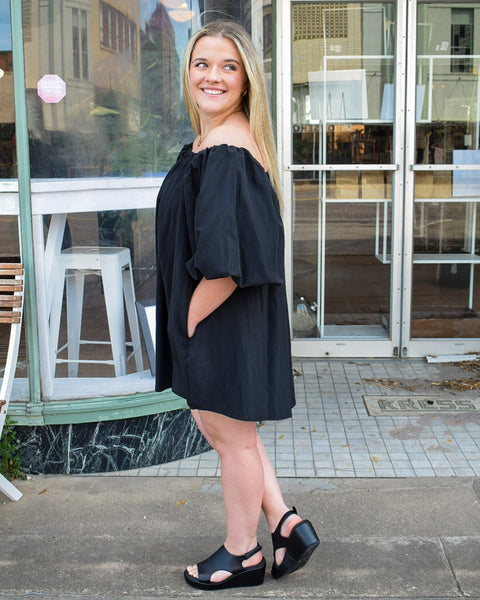 PUFF SLEEVE OFF THE SHOULDER MINI DRESS - BLACK