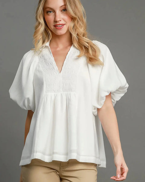 Exaggerated Bubble Sleeve Top with Front Yoke and Smocking Details - REG/CURVY - Salty Lime Boutique