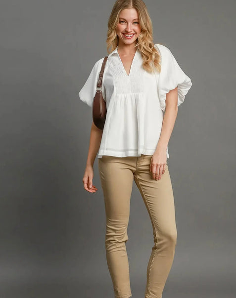 Exaggerated Bubble Sleeve Top with Front Yoke and Smocking Details - REG/CURVY - Salty Lime Boutique