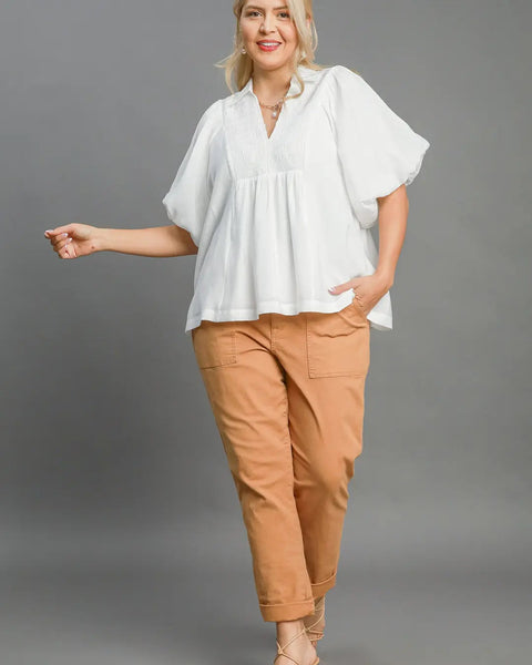 Exaggerated Bubble Sleeve Top with Front Yoke and Smocking Details - REG/CURVY - Salty Lime Boutique