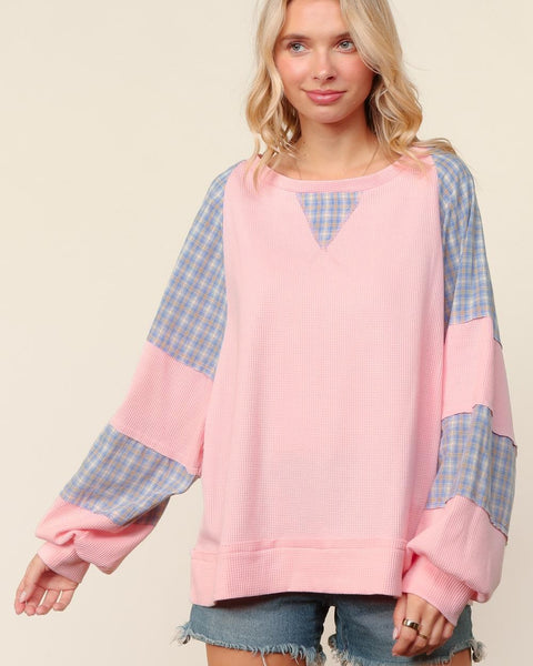 Thermal Plaid Woven Loose Fit Pullover Top - PINK - Salty Lime Boutique