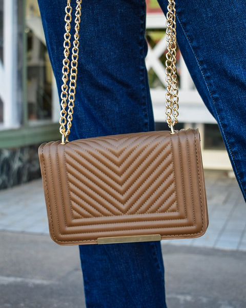 Vegan leather chevron grid crossbody shoulder flap bag - MOCHA