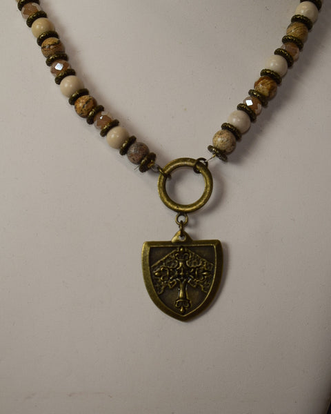 GENUINE STONE & GLASS BEAD CREST MEDALLION NECKLACE -  ANTIQUED BRASS - Salty Lime Boutique