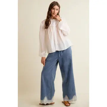 Elizabeth Denim Lace Trim Pants - Med Wash - Salty Lime Boutique