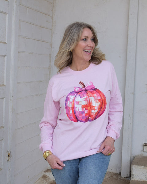 DISCO PUMPKIN LONG SLEEVE GRAPHIC TEE - LT. PINK