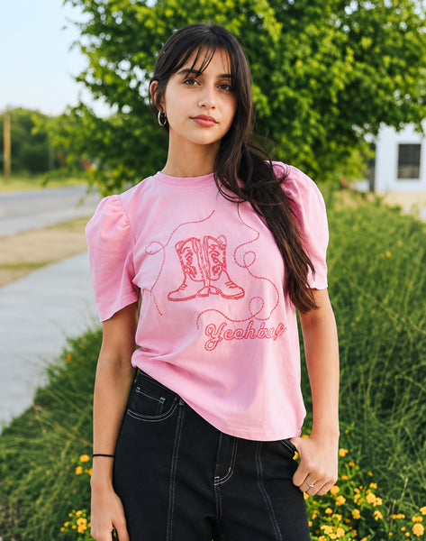 Pink mineral washed yeehaw boots embroidered half sleeve top - Pink - Salty Lime Boutique