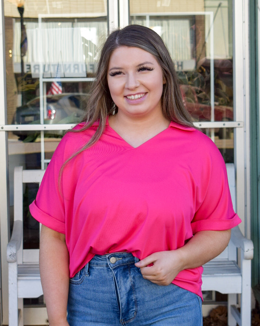 CARA COLLARED TOP - HOT PINK -  REG/CURVY