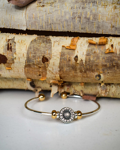 SUNFLOWER CHARM CUFF BRACELET - SILVER