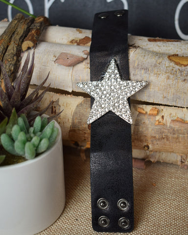 STAR WITH RHINESTONES LEATHER CUFF BRACELET - SILVER